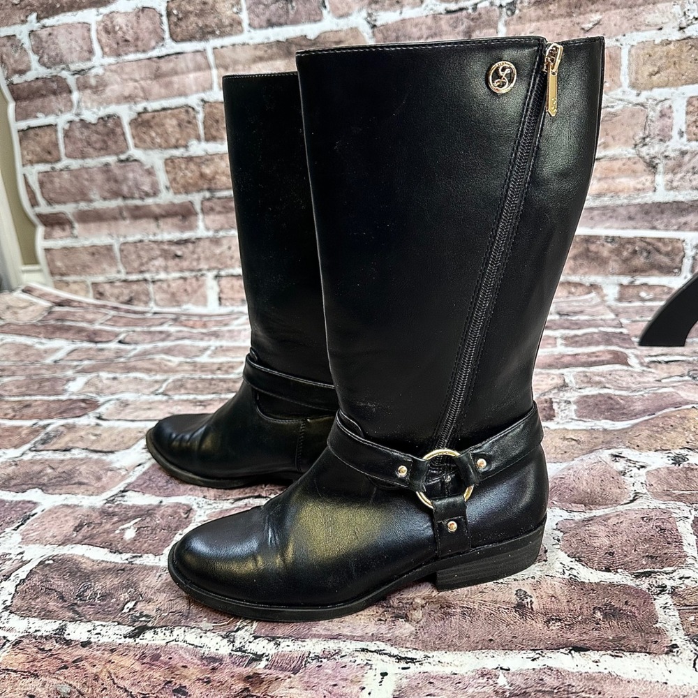 Sam & Libby Black Tall Riding Boots Side Zip Gold Buckle Detail‎ Womens Size 5
